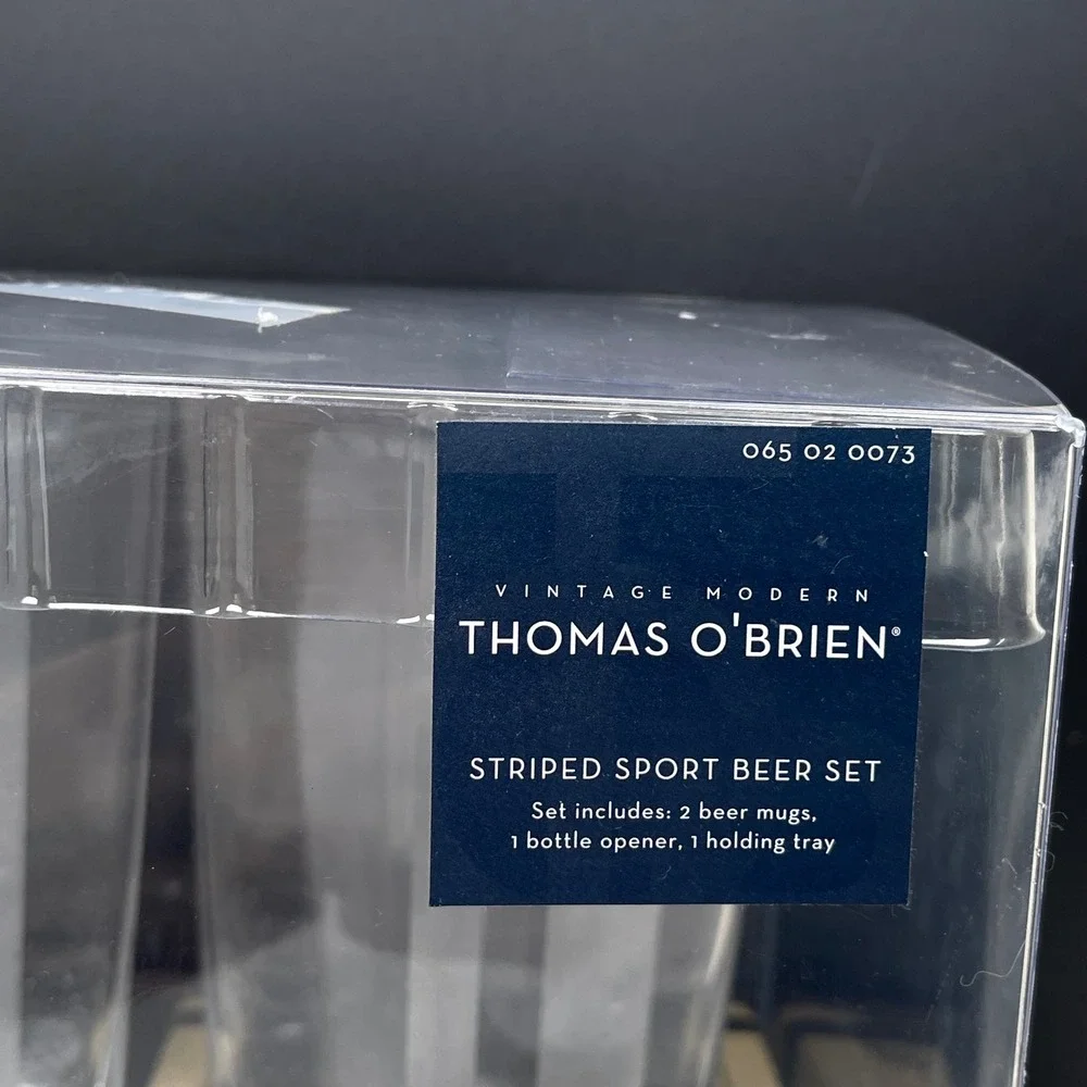 Thomas O'Brien Vintage Modern Striped Sport Beer Set 2 Mugs Bottle Opener‎